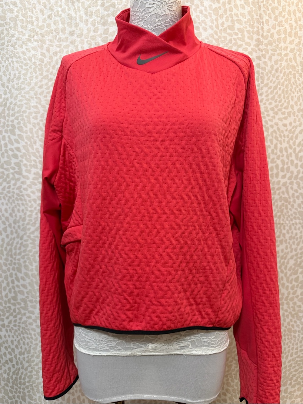 Nike Women's Coral-Red Quilted Funnel Neck Pullover